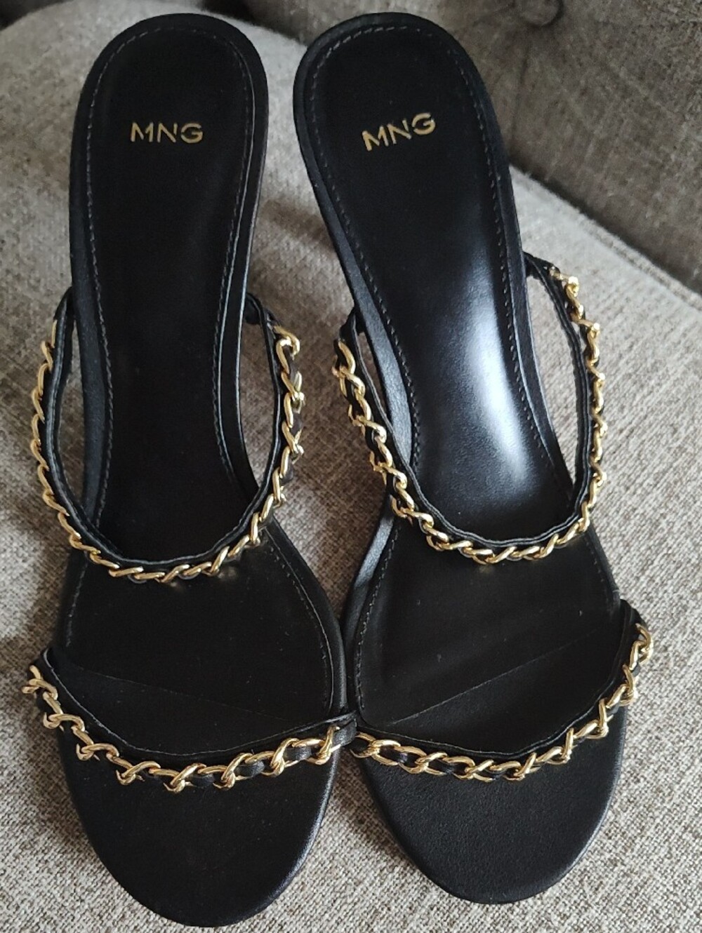 MNG Elegant Black Slide Heeled Slip On Sandals with Gold Chain Trim